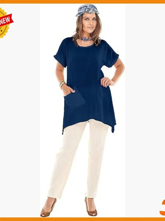 Short Sleeve Cotton Gauze Blouse with Side Points and Pocket - Picture 1 of 1